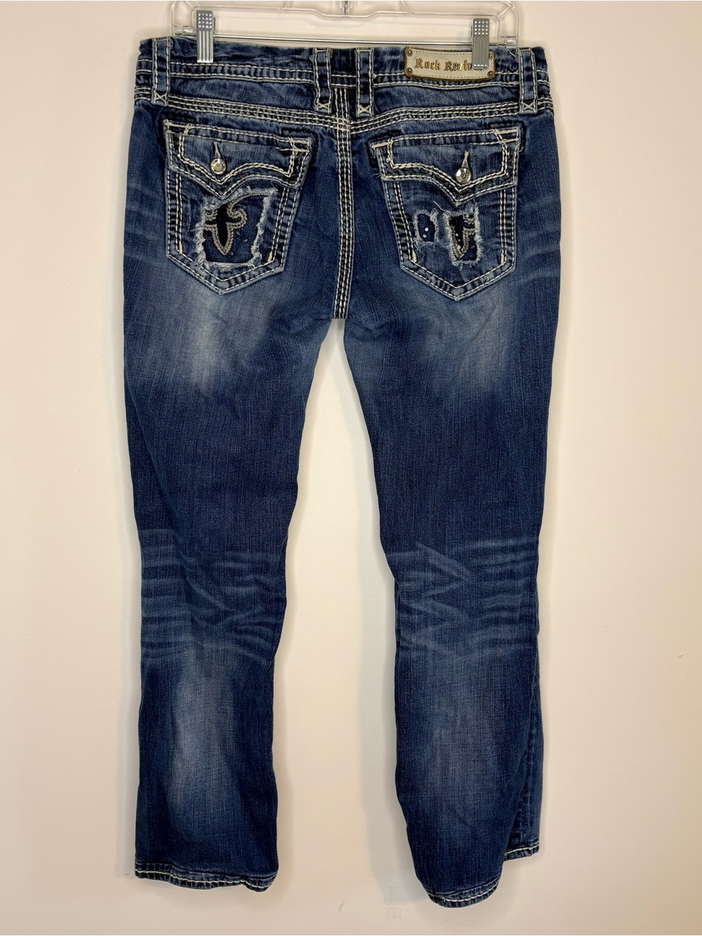 Rock Revival Kai Boot Dark Faded Blue Embroidered Pockets Boot LegJeans Size 32